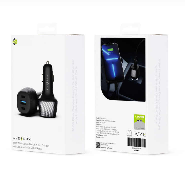 103W Fiber Carbon Design In-Car Charger with USB-A and Dual USB-C Ports