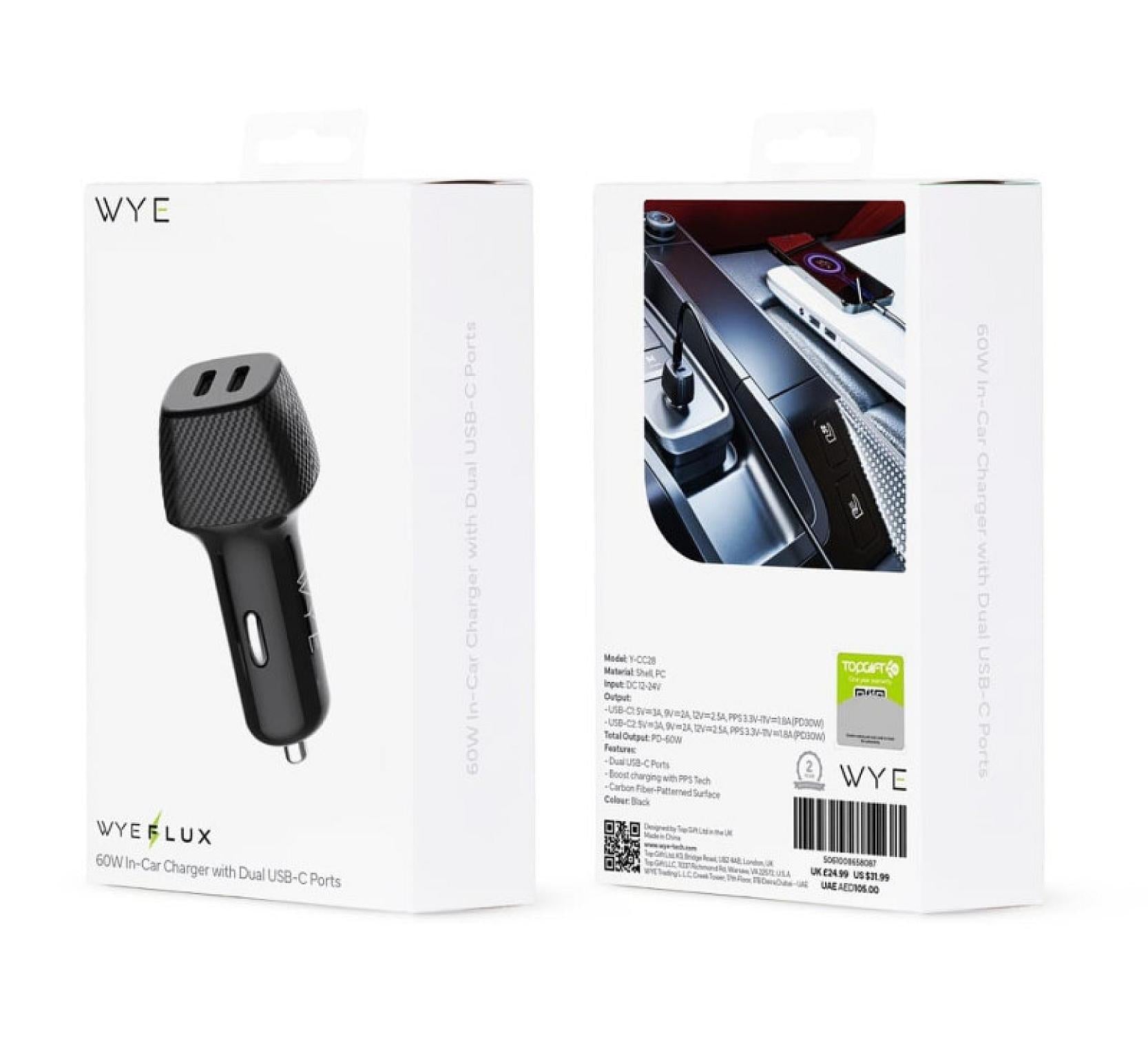 PowerDrive 60W Dual USB-C Car Charger Fast Charging Adapter