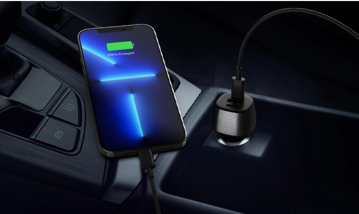 103W Fiber Carbon Design In-Car Charger with USB-A and Dual USB-C Ports